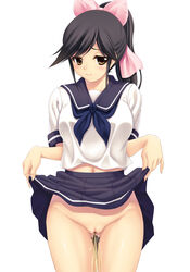 bow brown_eyes censored female female_only fujirin highres human love_plus navel no_panties peeing ponytail pussy school_uniform serafuku skirt skirt_lift solo takane_manaka thigh_gap tied_hair