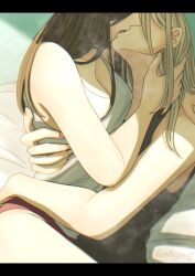2020 2girls blonde_hair breasts brown_hair characters cleavage digital_media_(artwork) female female_on_top female_only french_kiss hand_in_another's_hair hand_on_another's_back hand_on_another's_neck hand_on_neck highres hoshizora_no_shita kissing large_hands letterbox light_skin light_skinned_female long_hair looking_down looking_up making_out multiple_girls original original_characters romantic signature sitting_on_lap tongue yuri
