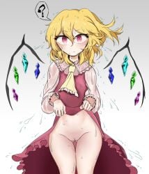 2d 2d_(artwork) bare_legs bare_pussy bare_thighs blonde_hair bottomless clothed clothing flandre_scarlet fujiyama_vc no_panties oblivious pussy question_mark red_eyes shaved_pussy skirt skirt_lift sweat sweatdrop sweating thighs touhou unaware vampire vampire_girl wings