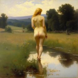 ai_generated ass back back_view big_ass blonde_hair curly_hair curvy lips long_hair nude presenting puddle realistic small_breasts smile solo water william_bouguereau