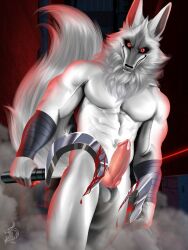 abs animal_genitalia animal_penis anthro arm_wrapping arm_wraps balls big_ears big_tail blood blood_drip blood_on_weapon bodily_fluids canid canine canine_genitalia canine_penis canis cheek_tuft death_(puss_in_boots) detailed detailed_fur dreamworks dripping dual_wielding erection facial_markings facial_tuft fangs fluffy fluffy_tail fog fur fuzzy genital_fluids genitals glistening glistening_weapon grin head_markings hi_res holding_object holding_weapon knot leaking_precum long_ears long_tail looking_at_viewer male mammal markings mask_(marking) metal muscular neck_tuft nude penis precum precum_drip puss_in_boots_(dreamworks) puss_in_boots_(film) puss_in_boots_the_last_wish red_eyes red_glow showing_teeth sickle smile solo soyanum standing steam tail teeth tuft weapon white_body white_fur wolf wrapped_arms wraps
