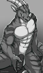 anthro barazoku dragon genitals hi_res holding_penis horn licking licking_lips lilshark lizard male muscular mythological_creature mythological_scalie mythology pecs penis reptile scalie solo tongue