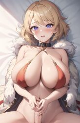 ai_generated big_breasts big_penis blonde_hair choker collar fur_trim handjob navel purple_eyes red_bikini_top slombert straight z23 z23_(azur_lane) z23_(upgrade_failure?!)_(azur_lane)