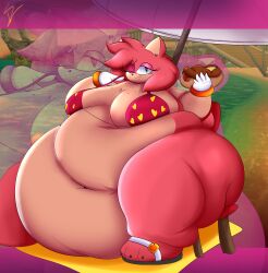 1girls amy_rose anthro ass belly belly_overhang bikini bikini_top bracelet breasts cleavage fat female female_focus female_only furry gloves green_eyes heart_in_eye hedgehog hedgehog_humanoid hips hot_dog hotdog huge_belly large_ass large_breasts overweight overweight_female pink_fur pink_hair s0ftpudding sandals sega sonic_(series) sonic_the_hedgehog_(series) stomach thick_thighs thighs thunder_thighs wardrobe_malfunction weight_gain wide_hips wink winking winking_at_viewer