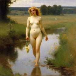 ai_generated belly blonde_hair blue_eyes breasts curly_hair curvy lips long_hair navel nipples nude nude_female presenting puddle realistic small_breasts smile solo water william_bouguereau