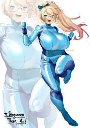 blonde_hair blue_bodysuit blue_eyes bodysuit breasts cosplay curvy full_body highres huge_breasts lulu-chan92 metroid nintendo open_mouth original ponytail samus_aran samus_aran_(cosplay) solo thighs wide_hips zero_suit_samus_(cosplay)