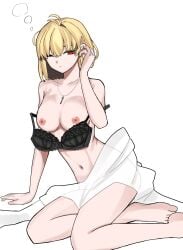 ahoge alternate_breast_size arcueid_brunestud ass big_breasts blanket blonde_hair bra breasts collarbone color curvy going_commando huge_breasts jewelry large_boobs large_breasts laying_down melty_blood musi_2nd necklace nipples no_panties nude one_eye_closed red_eyes revealing_breasts semi_nude short_hair simple_background sleepy tsukihime type-moon vampire vampire_girl waking_up white_background