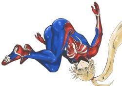 ass blonde_hair bodysuit breasts commentary female green_eyes highres long_hair marvel metroid muscular nintendo ponytail samus_aran smile solo spider-man_(2018_game) spider-man_(series) thighs toned tsunamino_yuu upside-down very_long_hair white_background