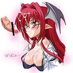 1boy 1girls bar_censor bukkake censored cum cum_on_glasses disembodied_penis erection facial female female_focus foreskin foreskin_folds glasses head_wings headwings humanoid humanoid_penis intact koakuma long_hair long_red_hair magic_penis male partial_male penis pointy_ears purple_hair red_hair retracted_foreskin reverse_noise straight the_embodiment_of_scarlet_devil touhou translation_request uncut veiny_penis wings yamu_(reverse_noise)