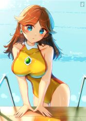 1girls artist_logo blue_eyes brown_hair busty chinchongcha earrings female light-skinned_female light_skin looking_at_viewer mario_(series) mario_and_sonic_at_the_olympic_games nintendo one-piece_swimsuit pool princess_daisy solo swimsuit yellow_outfit