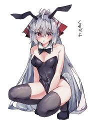 2023 animal_ears between_legs black_bow black_bowtie black_leotard black_thighhighs blush bow bowtie bright_pupils chinese_zodiac covered_navel detached_collar fake_animal_ears fake_tail female fujiwara_no_mokou grey_hair hair_between_eyes hairbow hand_between_legs highres leotard long_hair playboy_bunny rabbit_ears rabbit_tail sidelocks squatting strapless strapless_leotard tail thighhighs touhou very_long_hair vivo_(vivo_sun_0222) white_bow white_pupils wide_ponytail year_of_the_rabbit