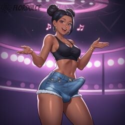 ai_generated black_hair black_tank_top brown_eyes bulge_through_clothing buns cleavage club dancing dark-skinned_futanari dark_skin denim_shorts double_bun erect_penis erection erection_under_clothes erection_under_clothing flordulce futa_only futanari happy indoors musical_note nightclub penis short_shorts shorts smiling solo_futa space_buns standing tank_top