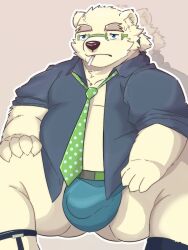 15786kll 1boy 2024 anthro bear bulge clothed clothing hi_res kemono leib_(tas) lifewonders male male_only mammal open_clothing open_shirt open_topwear overweight overweight_male polar_bear shirt simple_background sitting smoking solo tokyo_afterschool_summoners topwear underwear ursine