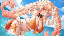 animal_ear_fluff animal_ears bangs bikini blonde_hair blue_sky blush bow bowtie bracelet braid breasts cat_ears cleavage cloud cottonnoir day ebiko_(vtuber) female frilled_bikini frills gradient_hair grin hair_ornament jewelry large_breasts leaning_forward long_hair looking_at_viewer multicolored_hair nail_polish navel ocean orange_bikini orange_eyes orange_nails outdoors pink_hair sky smile solo star_(symbol) swimsuit tail thigh_strap twin_braids twintails v very_long_hair virtual_youtuber wading water wet yellow_eyes