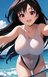 ai_generated aie4x asian asian_female athletic_female bare_legs beach big_breasts black_hair hairband huge_breasts huge_thighs large_breasts light-skinned_female light_skin long_hair looking_at_viewer mochizuki_ayako nige_jouzu_no_wakagimi one-piece_swimsuit pov pov_eye_contact pov_hands purple_eyes shounen_jump smiling solo_female squatting sweat sweatdrop swimsuit thick_thighs thighs voluptuous voluptuous_female