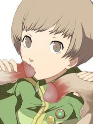 alternate_version_available atlus bob_cut brown_eyes brown_eyes_female brown_hair brown_hair_female fellatio female light-skinned_female light_skin male male_on_tomboy megami_tensei oral penis persona persona_4 satonaka_chie sega short_hair short_hair_female straight ta_(tama20150125) tomboy