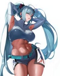 1girls armpit_cutout armpits elbow_gloves female female_only fully_clothed hatsune_miku huge_breasts mi35tututu midriff tight_clothing vocaloid