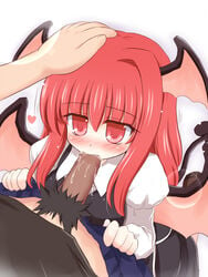 1boy 1girls blowjob blush erection fellatio female female_focus hand_on_head head_wings headwings humanoid humanoid_penis koakuma male male_pov male_pubic_hair oral oral_sex pants_down partial_male penis pink_eyes pink_hair pov ry simple_background smooth_penis straight the_embodiment_of_scarlet_devil touhou uncensored white_background wings