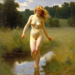 ai_generated belly blonde_hair blue_eyes breasts curly_hair curvy lips long_hair navel nipples nude nude_female presenting puddle realistic small_breasts smile solo water william_bouguereau