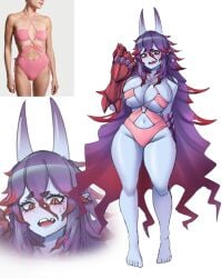 barefoot belly belly_button big_breasts big_breasts blue_skin breasts breasts cooterzi demon demon_girl eyebrows eyelashes eyes feet female female_only gauntlets greek_mythology hades_(vtuber) hair horns long_hair mythology mythoshq non-human non_nude open_mouth pink_swimsuit pinup pointy_ears purple_hair red_eyes red_sclera sketch sole_female sweat sweatdrop sweaty_breasts swimsuit swimwear teeth tight_clothing virtual_youtuber vtuber vtubers