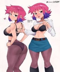 1girls big_ass big_butt black_bra blue_skirt female female_only flytrapxx pink_hair pink_leggings purple_hair ramona_flowers scott_pilgrim solo text_bubble white_background white_girl