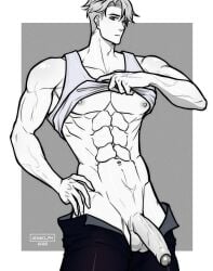 aisaki_ph2 aisakiph alucard_(mobile_legends) balls big_penis looking_at_viewer male male_only mobile_legends mobile_legends:_adventure mobile_legends:_bang_bang monochrome muscles muscular muscular_male pants_down penis penis_out solo standing