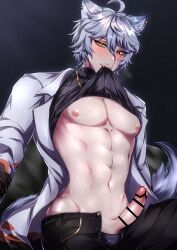 abs censored censored_penis chest_exposed commission docc_woody fangs fox_boy fox_ears fox_tail grey_hair heterochromia himbo kitsune male_focus male_only pecks penis_out plushie pretty_boy skeb_commission virtual_youtuber yadome810