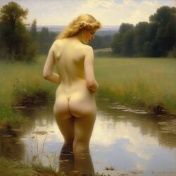 ai_generated ass back back_view big_ass blonde_hair curly_hair curvy lips long_hair nude presenting puddle realistic small_breasts smile solo water william_bouguereau