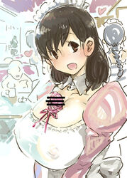 1boy 3futas autopaizuri autopaizuri_under_clothes black_hair breasts censored copyright_request erect_nipples erection erection_under_clothes futanari headdress huge_breasts huge_cock intersex kaqo no_bra paizuri paizuri_under_clothes penis penis_under_clothes ribbon waitress