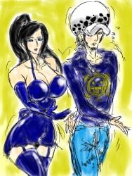 1boy 1girls black_hair black_panties blue_dress blue_thighhighs breasts cleavage couple dancing denim dress female female_focus gmotida hat jeans large_breasts long_hair male nico_robin one_piece panties pants post-timeskip short_hair smile straight thighhighs trafalgar_law underwear