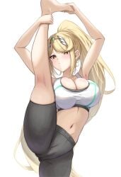 alternate_costume barefoot big_breasts blonde_hair breasts cameltoe female female_only flexible mythra nintendo okazu2010015 okazuart solo splits sports_bra standing_split tight_clothing workout_clothes xenoblade_(series) xenoblade_chronicles_2 yoga_pants