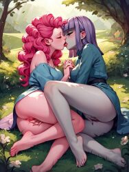 2girls ai_generated ass barefoot barefoot_on_grass equestria_girls feet female female_only french_kiss french_kissing friendship_is_magic hasbro holding_hands human incest kissing maud_pie_(eg) maud_pie_(mlp) my_little_pony no_panties outdoors pinkie_pie_(eg) pinkie_pie_(mlp) pussy siblings sisters upskirt yuri