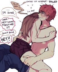 1boy 707_(mystic_messenger) dialogue english_text female girl_on_top glasses mystic_messenger red_hair