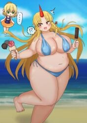 bbw beach belly_overhang big_belly big_female blush chubby chubby_female embarrassed fat fat_female fat_fetish fat_girl fat_woman fatty horn hoshiguma_yuugi ice_cream large_female overweight overweight_female plump pork_chop swimsuit thick_thighs touhou tubby weight_gain