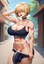 1futa abs ai_generated big_breasts big_penis black_lipstick blonde_hair bulge fitness futa_focus futa_only futanari goofy_ai hair_covering_eye light-skinned_futanari muscular_futanari outdoors workout_clothes