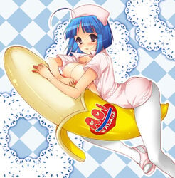 1girls ass banana blue_hair blush bottomless bottomless_female breasts checkered cowgirl_position female female_on_top food fruit girl_in_food girl_on_banana girl_on_top in_food kaitou_tenshi_twin_angel kannazuki_aoi koari large_breasts legs minigirl nipples nurse on_top open_clothes open_shirt pantyhose ride riding sexually_suggestive shirt short_hair solo white_legwear white_pantyhose woman_on_top