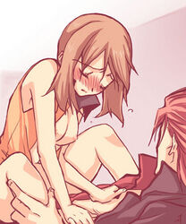 1boy 1girls blush breasts brown_hair closed_eyes clothed_sex clothing couple cowgirl_position female girl_on_top human human_only lowres male matsubusa_(pokemon) maxie_(pokemon) may_(pokemon) may_(pokemon_emerald) medium_breasts nintendo no_bandana pokemon pokemon_rse red_hair sex short_hair straddle straight straight_hair