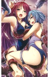 2girls ahoge armpits ass barefoot blush breasts buriki competition_swimsuit copyright_request female female_only highres multiple_girls ofuda one-piece_swimsuit saliva scan swimsuit tentacle