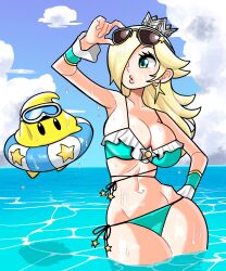 2023 big_breasts bikini black_eyes blonde_hair blue_bikini blue_eyes breasts cleavage earrings female female_focus goggles_on_head hair_over_one_eye innertube luma male mario_(series) n___k___m nintendo princess_rosalina sunglasses sunglasses_on_forehead thick_thighs thighs water wide_hips