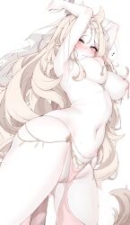 absurdres animal_ears archetto_(arknights) arknights arms_up blonde_hair blue_eyes blush breast_curtains breasts cleft_of_venus closed_mouth female from_above heart heterochromia highres large_breasts lilac_(k32420276) long_hair looking_at_viewer navel nipples orange_eyes pelvic_curtain pussy simple_background solo stomach tail tearing_up very_long_hair white_background