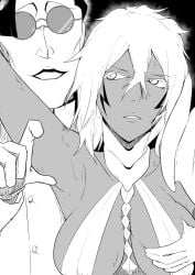 black_and_white bleach bleach:_the_thousand-year_blood_war dark-skinned_female from_behind groping groping_breasts hair_between_eyes light-skinned_male molestation monochrome nonono quilge_opie tia_harribel