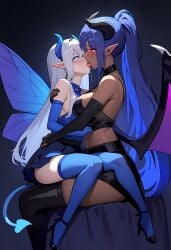 2girls ai_generated bat_wings big_breasts blue_eyes blue_hair breasts butterfly_wings chocolate_and_vanilla corruption crop_top dark_skin demon_girl demon_horns demon_tail demon_wings elbow_gloves fairy fairy_wings femdom femsub fingerless_gloves french_kiss french_kissing gloves glowing_eyes high_heels hypnosis interracial kissing large_breasts lezdom lezsub long_gloves midriff mind_control miniskirt novelai on_lap pale_skin red_eyes saliva short_skirt sideboob silver_hair sitting_on_lap skirt succubus thighhighs wings yuri