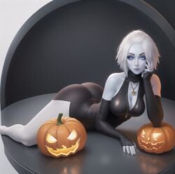 ai_generated awoken big_ass big_breasts black_dress blue_body blue_eyes blue_skin curvy destiny_(game) destiny_2 female mara_sov necklace pumpkin seductive solo white_hair