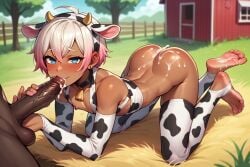 2boys ai_generated blowjob blue_eyes brown_skin cow_costume cum cum_on_body dark-skinned_male farm femboy gay penis soles white_hair yaoi