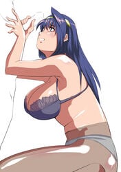 1boy 1girls alternate_breast_size blue_hair blush bra breasts busty cleavage female handjob highres huge_breasts kneeling lingerie long_hair looking_pleasured panties panties_under_pantyhose pantyhose penis saru_ass smile straight_hair tsuzura_saki uncensored underwear voluptuous