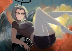 ass baphoavi black_halo boots breasts elbow_gloves female_only gloves hazbin_hotel high_heel_boots legs_up lute_(hazbin_hotel) solo thigh_boots tight_clothing white_boots white_hair