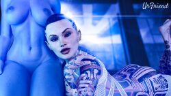 2girls 3d abs asari big_breasts bioware blue_body blue_skin electronic_arts eye_contact highres human jack_(mass_effect) liara_t'soni mass_effect muscular_female pinup tattoos urfriend