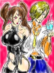 1boy 1girls 3_eyes ass black_gloves black_panties black_thighhighs blonde_hair breasts brown_hair charlotte_pudding couple drink elbow_gloves facial_hair female female_focus gloves gmotida large_breasts male multi_eye one_piece panties short_hair straight thighhighs underwear vinsmoke_sanji