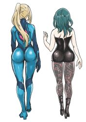 2girls ass ass_focus blonde_hair blue_eyes blue_hair bodysuit boots brown_pantyhose byleth_(female)_(fire_emblem) byleth_(fire_emblem) byleth_(fire_emblem)_(female) commentary facing_away fire_emblem fire_emblem:_three_houses floral_print from_behind full_body hand_up high_heel_boots high_heels highres huge_ass lace lace-trimmed_legwear lace_trim leggings long_hair medium_hair metroid multiple_girls nintendo pantyhose pantyhose_under_shorts patterned_legwear ponytail print_pantyhose samus_aran shorts simple_background skin_tight super_smash_bros. symbol-only_commentary tsunamino_yuu walking white_background zero_suit zero_suit_samus