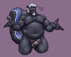 1boy 2016 anthro azure_(bluedude) balls belly biceps captaingerbear erection eyewear facial_hair genitals gesture glasses goatee grin hair jewelry looking_at_viewer male male_only mammal manly mephitid moustache musclegut muscular navel necklace nipples nude pecs penis shrug skunk slightly_chubby smile solo solo_male standing triceps white_hair